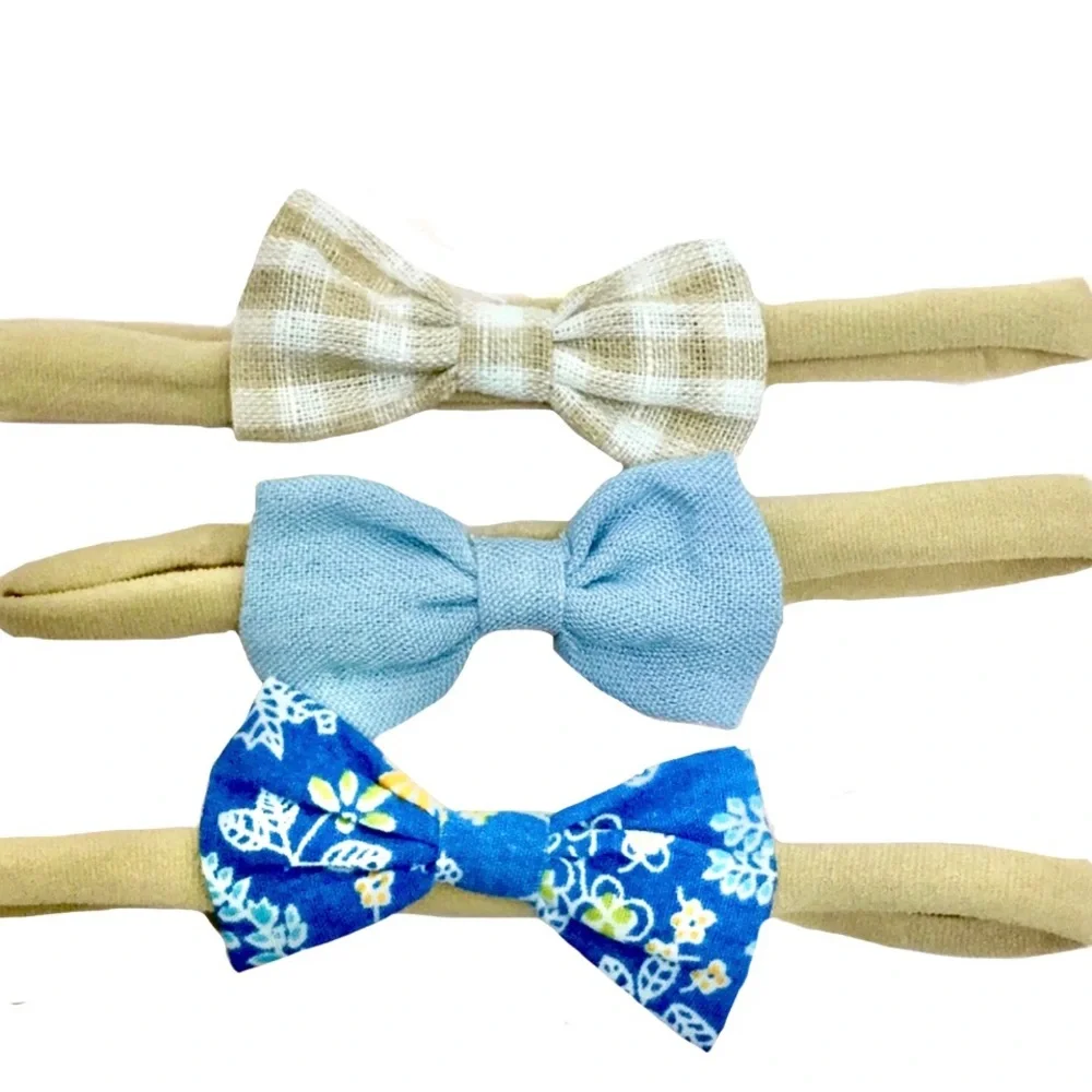 Girl's Plaid, Light Blue & Floral Stretchy Bow Headbands Variety 3 Pack Set